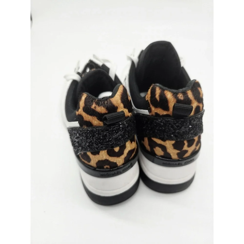 Michael Kors White Cheetah Knit Trainer Black Size 9M Black Leather Wedge‎ Shoes
